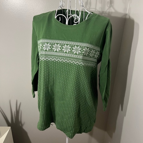 Kim Rogers Fair Isle Print 3/4 Sleeve T Shirt Green Size Petite L 100% Cotton - Picture 1 of 4